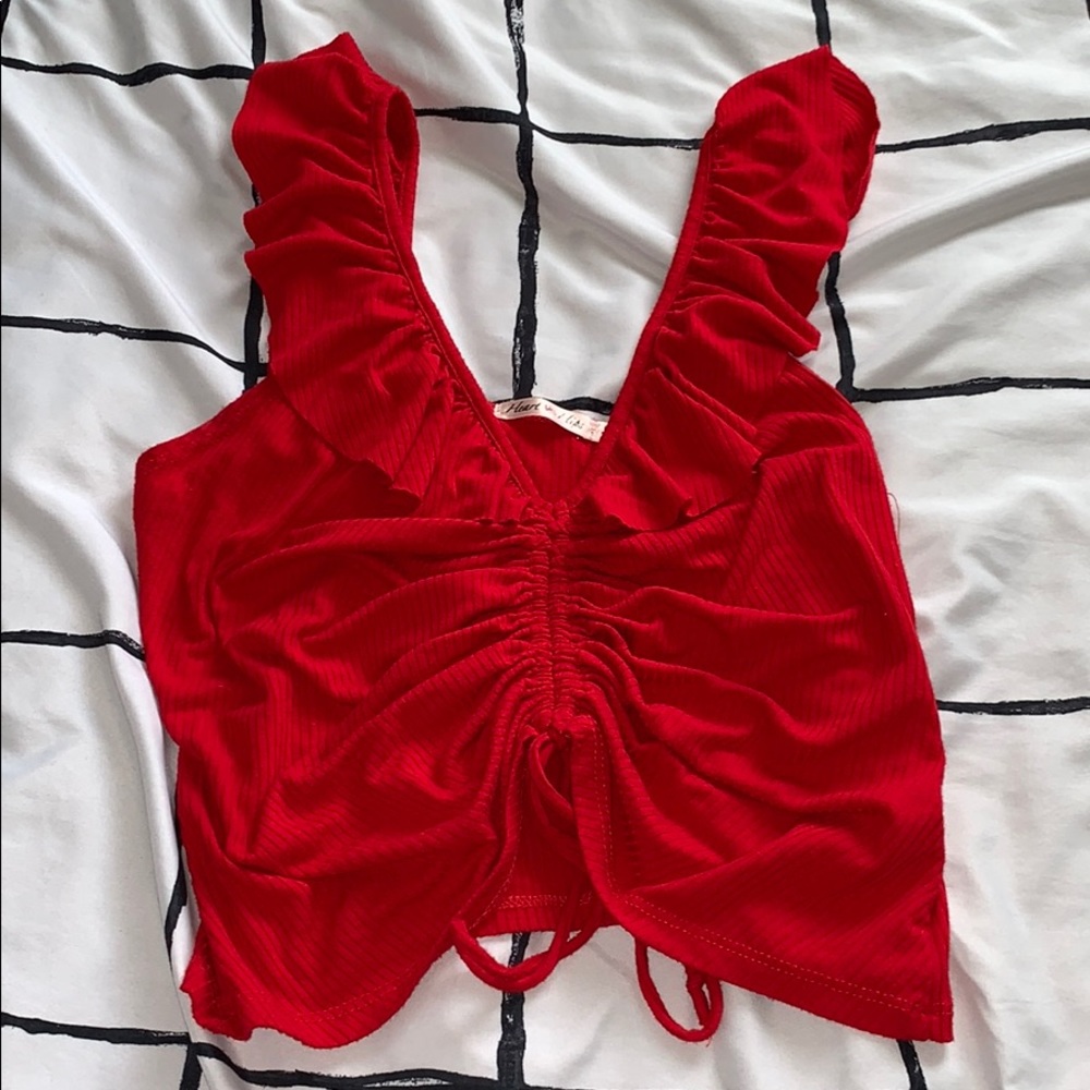 Red Rouche Crop Top Ribbed Ruffle Shoulders